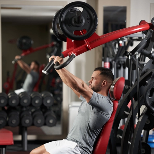 push pull legs split, man performing machine chest press